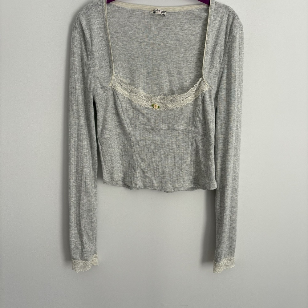 Intimately Free People Women‎ Ribbed Babydoll Shirt Size M Gray Lace Trim Lounge